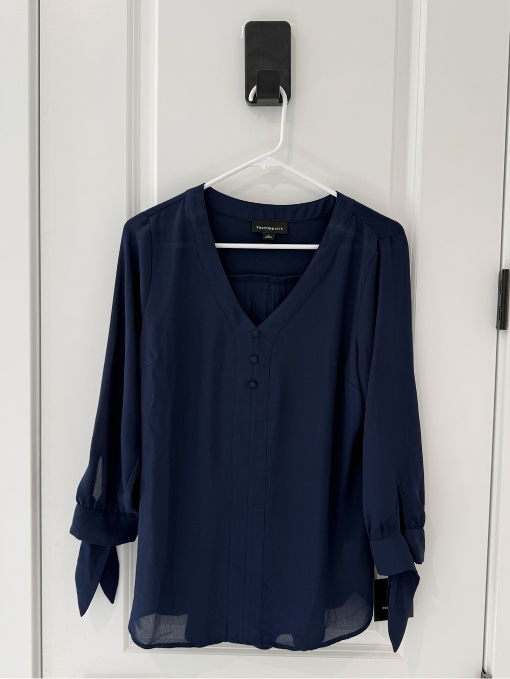 Navy V-Neck Tie-Cuff Blouse